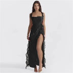 Square Neck Ruffle Strap Diagonal Ruffle High Slit Bodycon Maxi Dress
