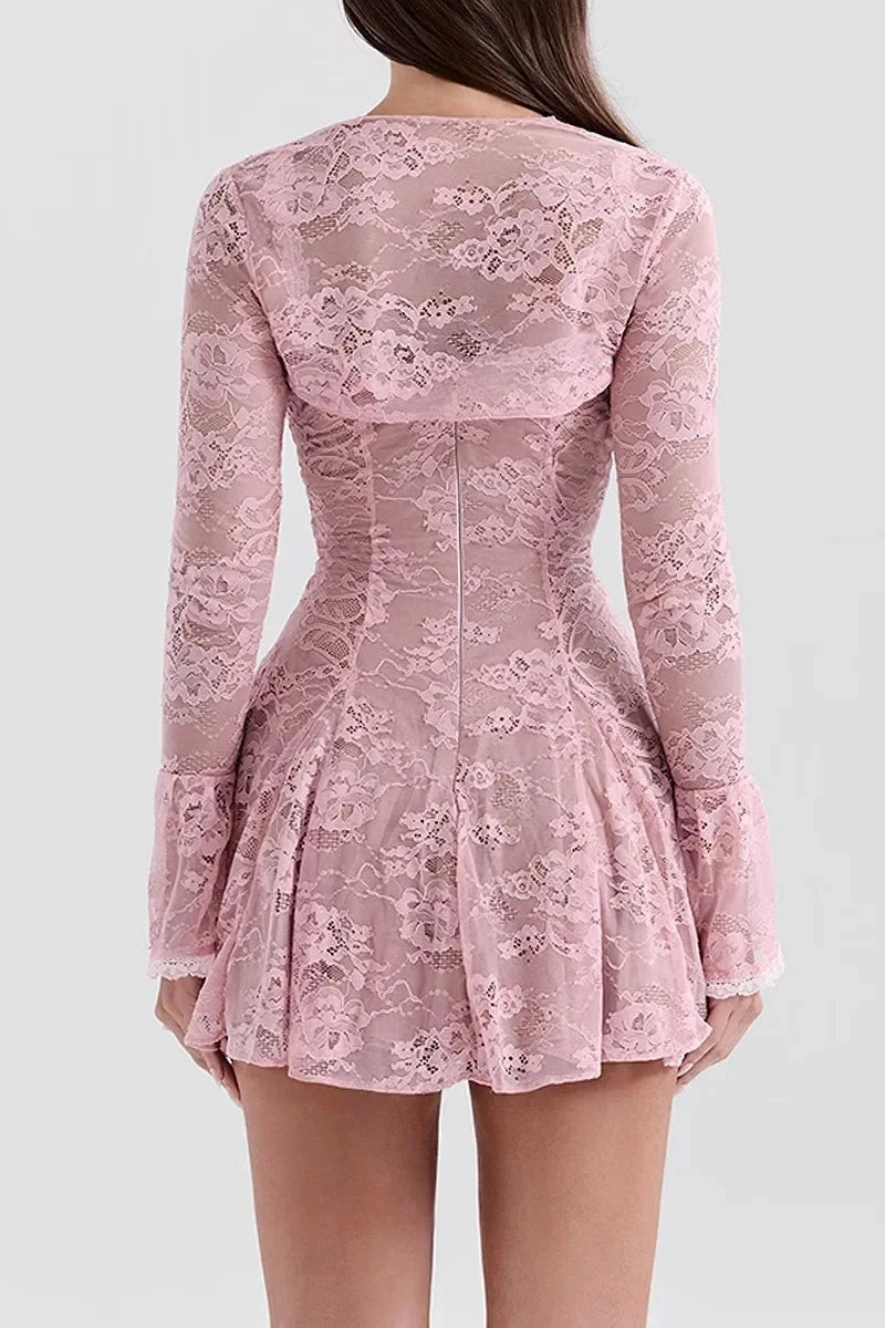 A-Line Mini Dress with O-Neck, High Waist, Long Sleeves, and Lace-Up Detail
