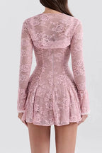 A-Line Mini Dress with O-Neck, High Waist, Long Sleeves, and Lace-Up Detail