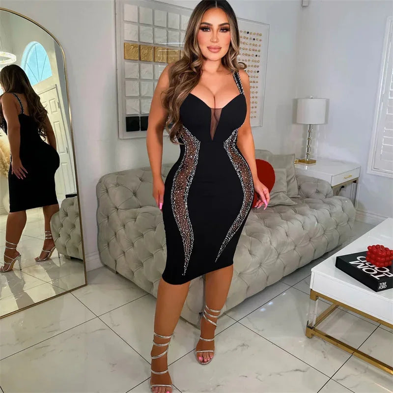 Rhinestone Mesh Illusion Plunging Halter Bodycon Midi Dress