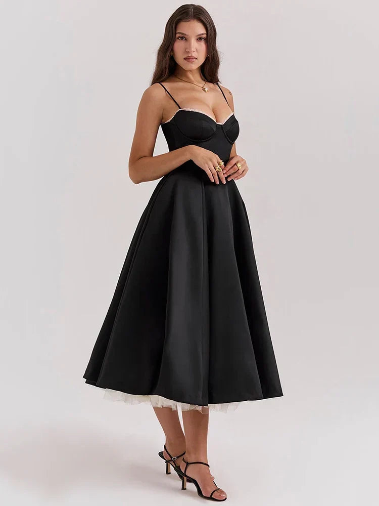 Lace Trim Corset Spaghetti Strap Tulle Underlay Full Skirt Midi Dress