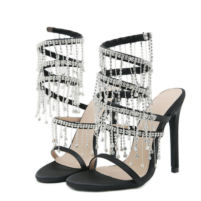 Glitter Crystal Tassel Snake Coiled Sandals for Women