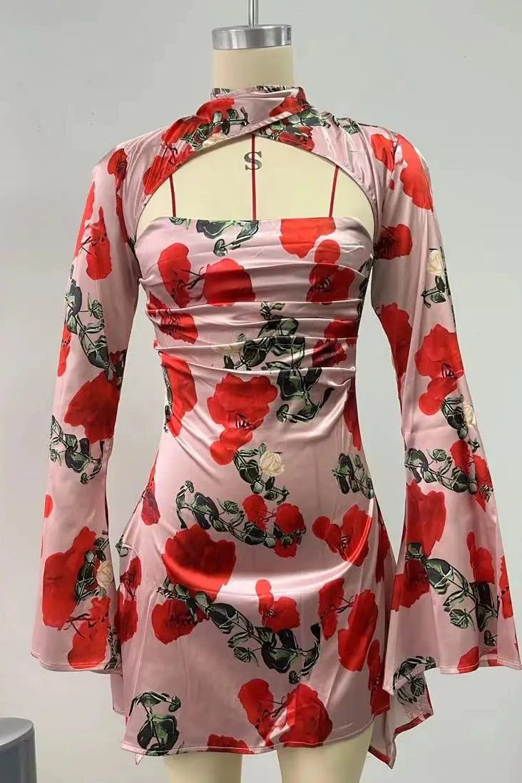 Printed Hollow Out Long Sleeve Bodycon Mini Dress