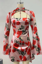 Printed Hollow Out Long Sleeve Bodycon Mini Dress