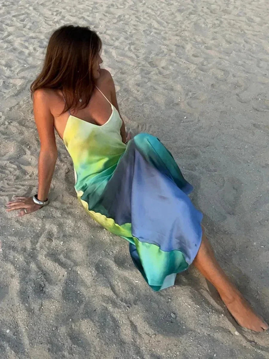 Watercolor Print Spaghetti Strap Deep V Neck Satin Slip Maxi Dress