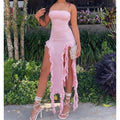 Strapless Ruched Double High Slit Ruffle Hem Maxi Dress
