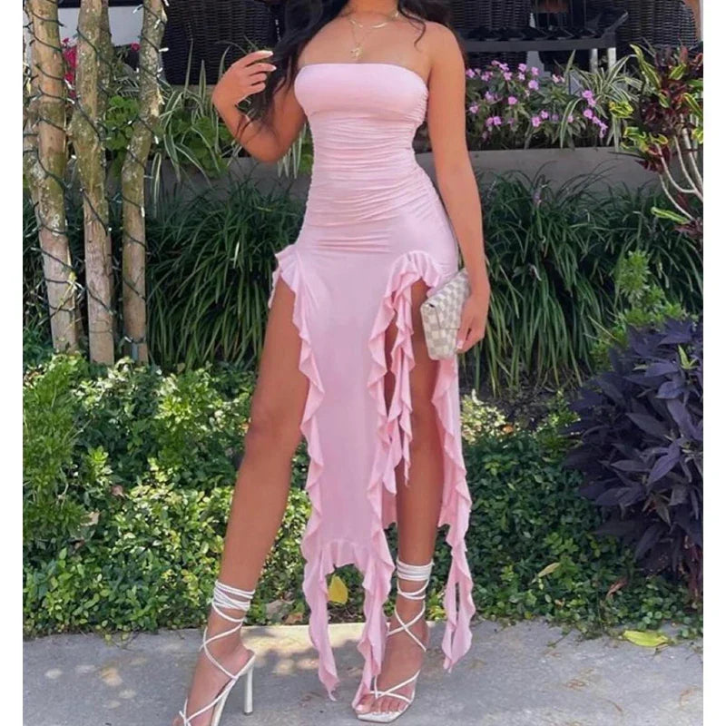 Strapless Ruched Double High Slit Ruffle Hem Maxi Dress