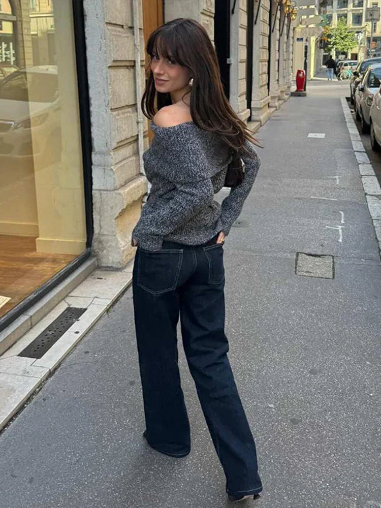 Vintage Off Shoulder Sweater With Belt Women Elegant Knitted Solid Thick Long Sleeve Sweaters Female Winter Chic Street Knitwear