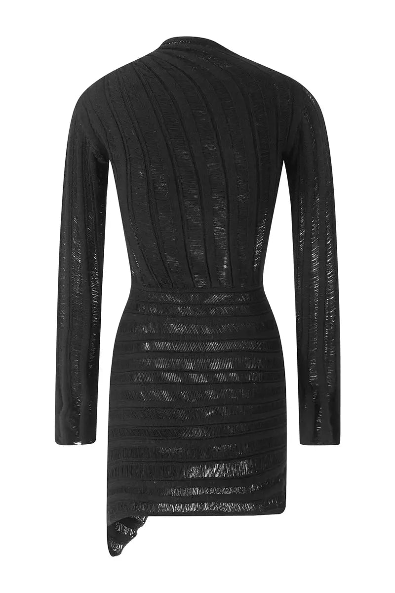 Knitted Bodycon Mini Dress with Hollow Out Long Sleeves