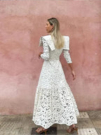 Cape Collar Mock Neck Lace Long Sleeve Ruffle Hem Maxi Gown