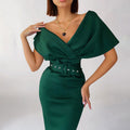 Off Shoulder Draped Cap Sleeve Wrap Belt Grommet Bodycon Midi Dress