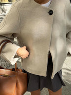 Chic One Button O-neck Woolen Coats For Women Fashion Long Sleeve Cropped Oversized Jackets Lady High Street Outerwear New