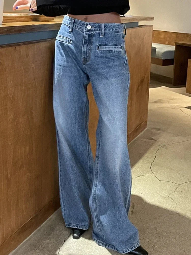 Women Fashion High Waist Loose Pockets Jeans Casual Vintage Blue Wide Leg Pants Y2k Streetwear New Autumn Winter Jeans