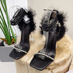 Crystal Womens Sandals with Fuzzy Feather Detail and Transparent High Heels