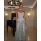 Strapless Corset Sweetheart Sequin Stripe Column Maxi Gown