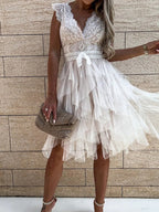 Floral Lace Deep V-Neck Bow Waist Tiered Tulle Skater Mini Dress