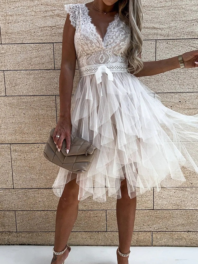 Floral Lace Deep V-Neck Bow Waist Tiered Tulle Skater Mini Dress