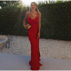Deep V-Neck Spaghetti Strap Diagonal Tiered Ruffle Maxi Dress