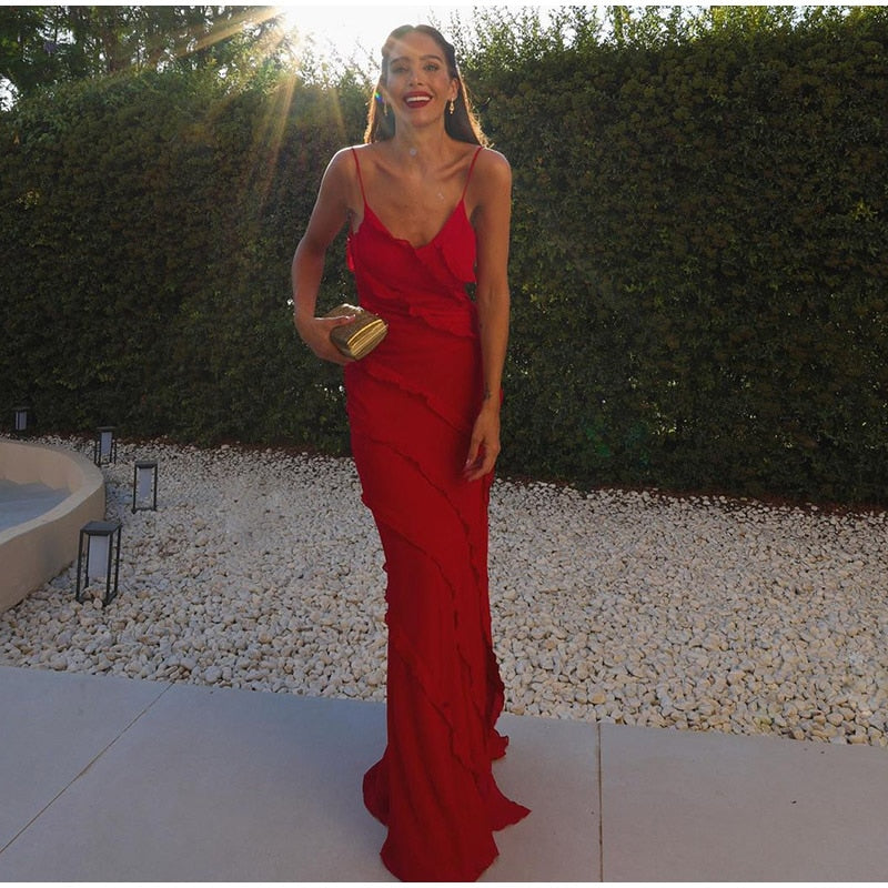 Deep V-Neck Spaghetti Strap Diagonal Tiered Ruffle Maxi Dress