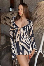 V-Neck Long Sleeve Printed Mini Dress with Slim See-Through Design
