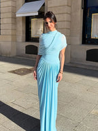 Mock Neck Draped Wrap Cape Overlay Sunray Pleated Maxi Dress