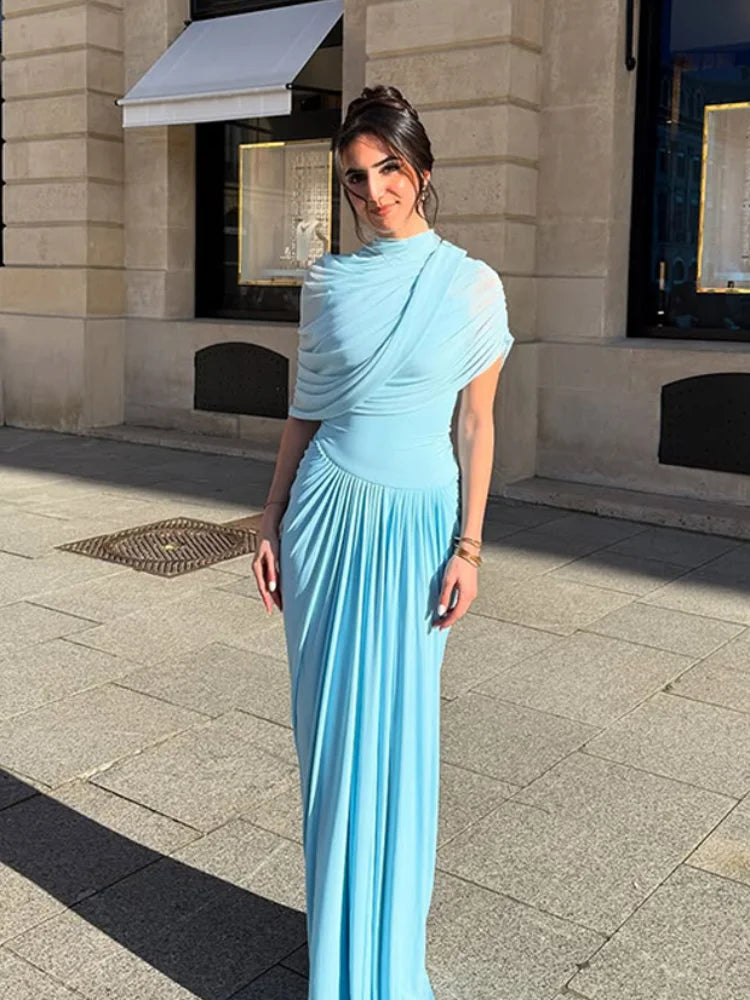 Mock Neck Draped Wrap Cape Overlay Sunray Pleated Maxi Dress