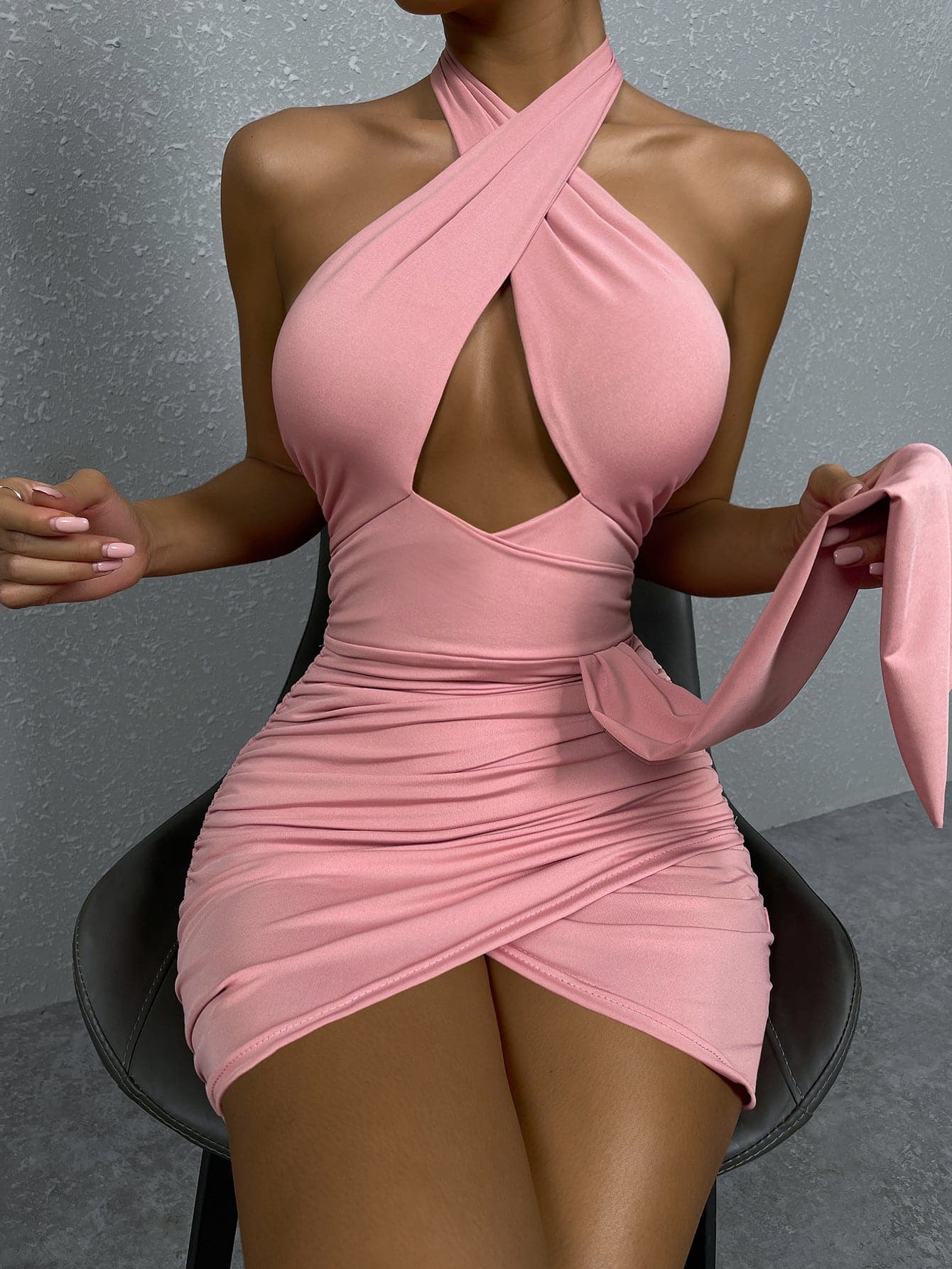 Crisscross Halter Keyhole Cutout Ruched Draped Sash Mini Dress