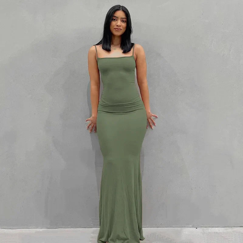 Ribbed Knit Spaghetti Strap Scoop Neck Mermaid Hem Maxi Dress
