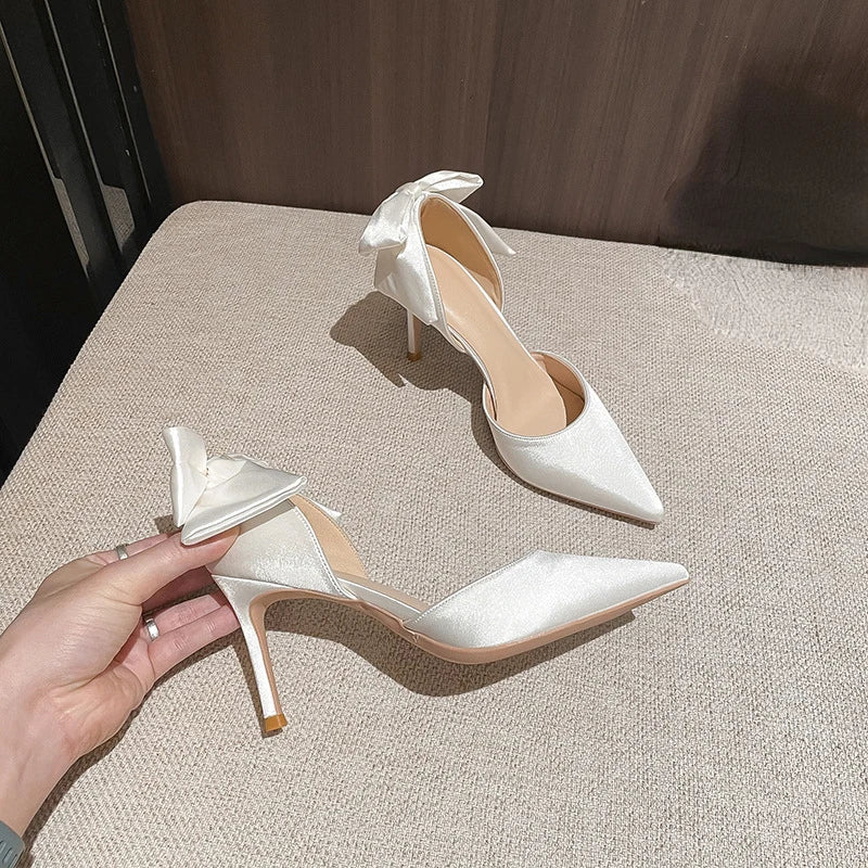 Solid Color Stiletto Bow Hollow Women's Wedding Shoes