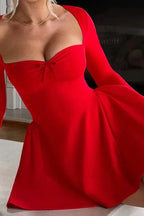 Pleated Long Sleeve A-Line Mini Dress with Square Neck