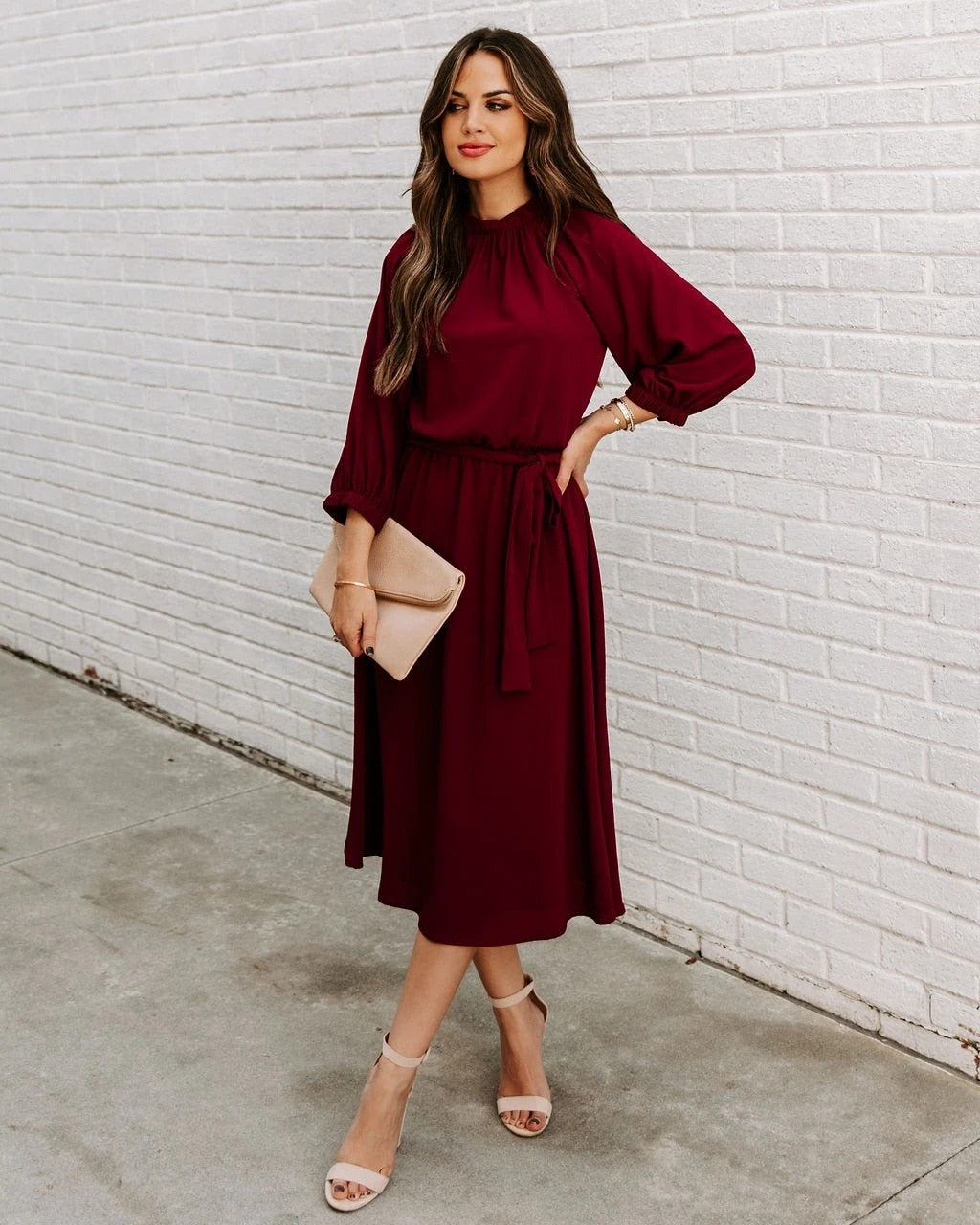 Gathered Mock Neck Lantern Sleeve Tie Waist A-Line Midi Dress