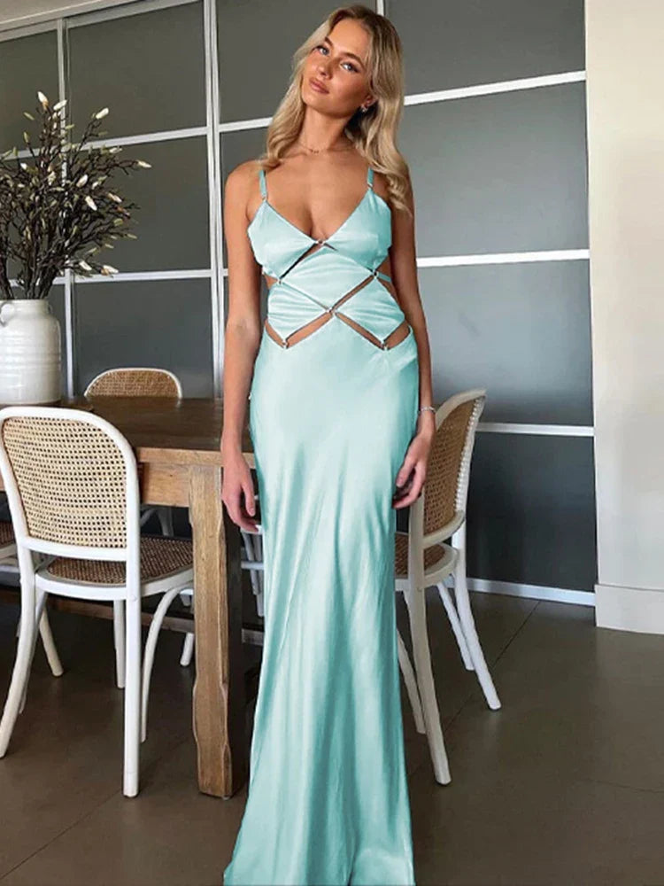 Spaghetti Strap Metal Ring Geometric Cutout Maxi Dress