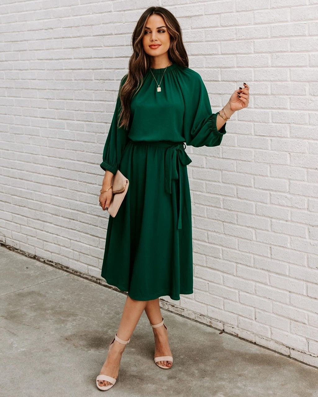 Gathered Mock Neck Lantern Sleeve Tie Waist A-Line Midi Dress