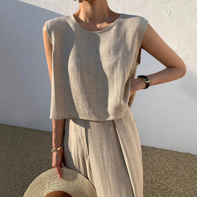 Sleeveless Wide Leg Two Piece Pants Set