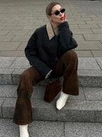 New Women's Cargo Jackets Vintage Long Sleeve Patchwork Outwear With Pocket Street Style Punk Loose Casual Top Coats