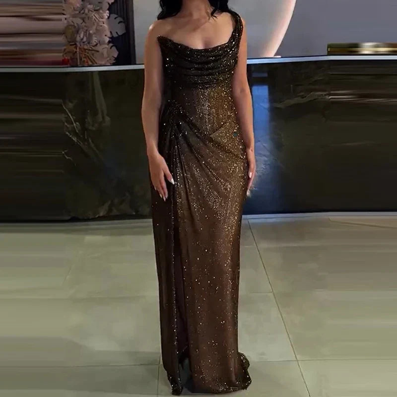Shimmer Cowl Neck Ruched Hip Gather Spaghetti Strap Maxi Gown