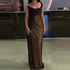 Shimmer Cowl Neck Ruched Hip Gather Spaghetti Strap Maxi Gown