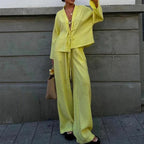 Casual V Neck Lace Up Top and Pants 2 Piece Set New Spring Long Sleeved Loose Suit Simple Solid Color High Street Women Outfits