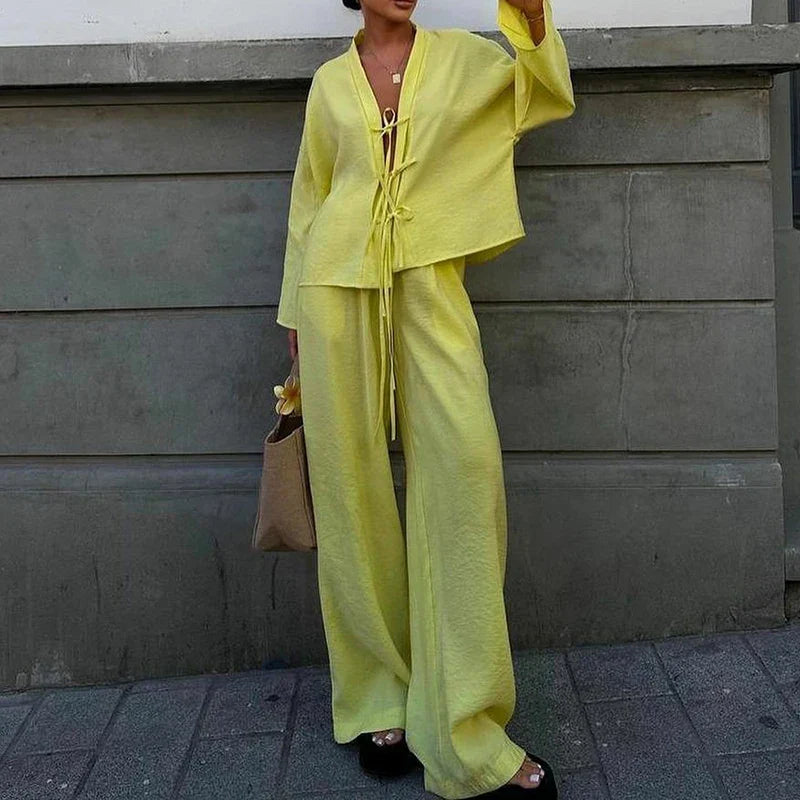 Casual V Neck Lace Up Top and Pants 2 Piece Set New Spring Long Sleeved Loose Suit Simple Solid Color High Street Women Outfits