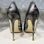 Grey Crocodile Effect Pointy Toe High Heel Party Dress Wedding Shoes for Women