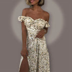 Off Shoulder Puff Sleeve Ditsy Floral Print High Slit Midi Dress