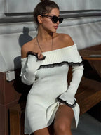 Rib Knit Off-Shoulder Lace Trim Bell Sleeve Bodycon Mini Dress
