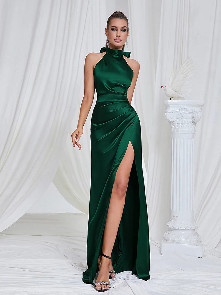 Giovanna Halter Satin Gown Dress with High Slit