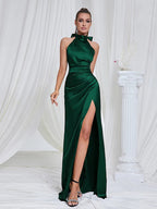 Giovanna Halter Satin Gown Dress with High Slit
