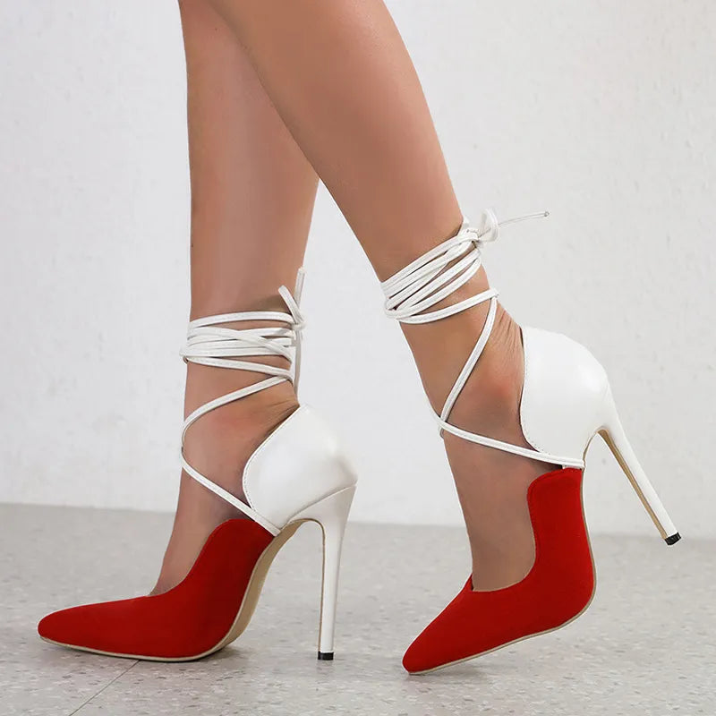 White Red Mixed Color Women Pumps with Sexy Pointed Toe and Strappy Heels