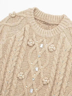 3D Flower Knit Pullover Women Loose Fashion Sequin Round Neck Long Sleeves Jumper Female Autumn Winter Warm Knitwears Lady