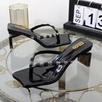 Rhinestone clip toe flip-flops with square heel, designer luxury sandals