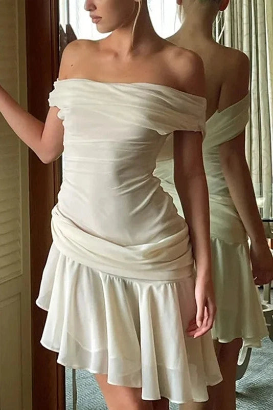 Lace Backless Off-Shoulder Mini Dress with See-Through Detail