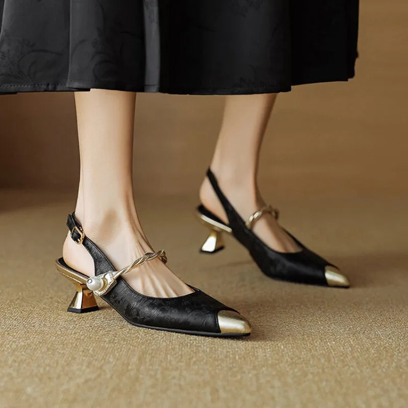 Retro Pointy Low Heel Buckle Women's Sandals Summer High Heels
