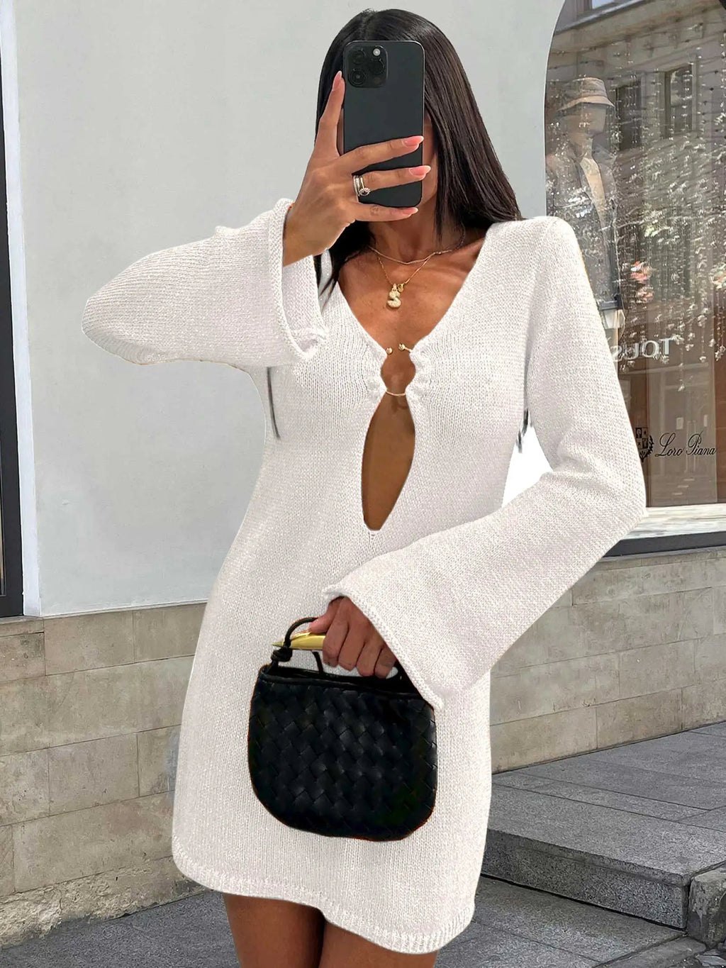Deep V Ring Hardware Keyhole Metallic Knit Bell Sleeve Mini Dress